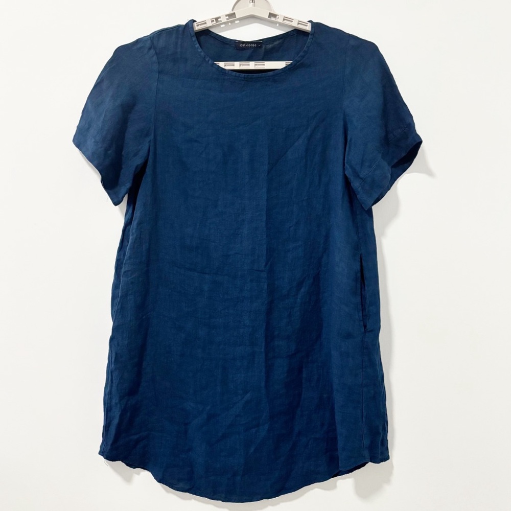 Cut Loose Linen Shift‎ Dress Womens Size Large Navy Blue Short Sleeve Lagenlook